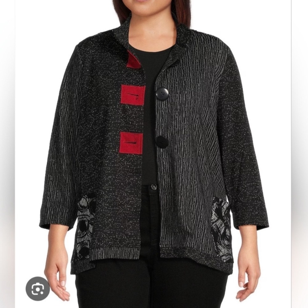 Ali Miles Jacket Women 2X Black Red Textured Button Front Abstract Pockets